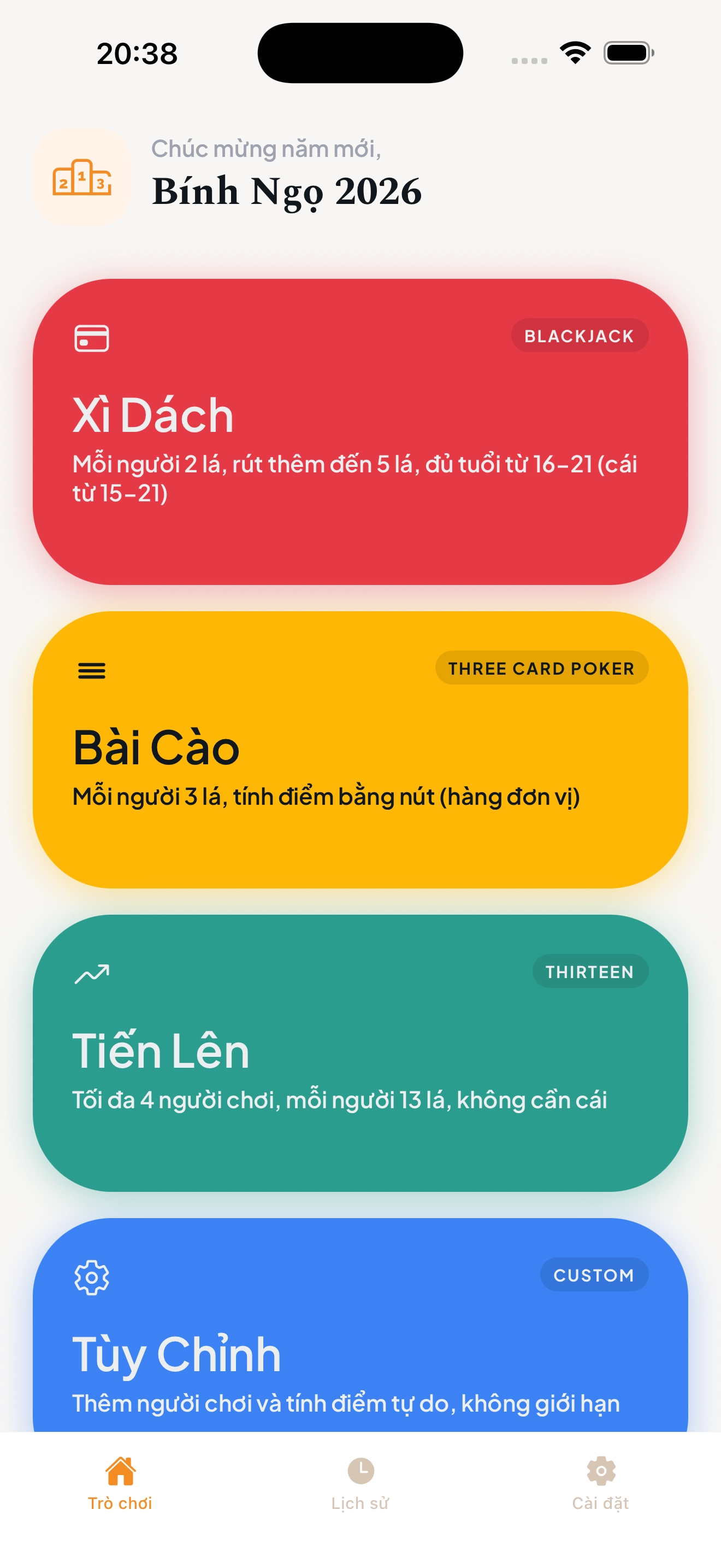 Màn hình chọn kiểu bài